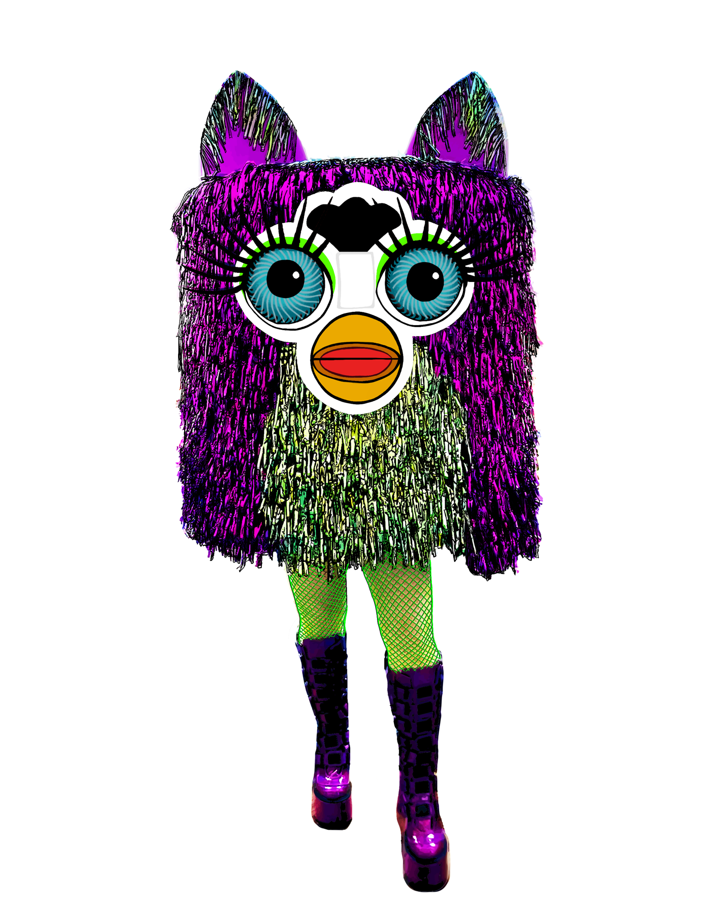Illustrated Big Serious character with purple fur, neon legs, huge blue eyes, lashes, and platform boots.
